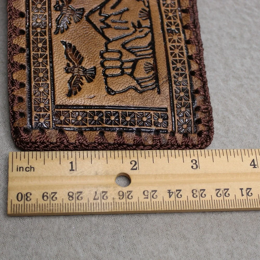 Tooled Leather Bifold Wallet Andean Llama Pan Flute Tan Brown Handcrafted